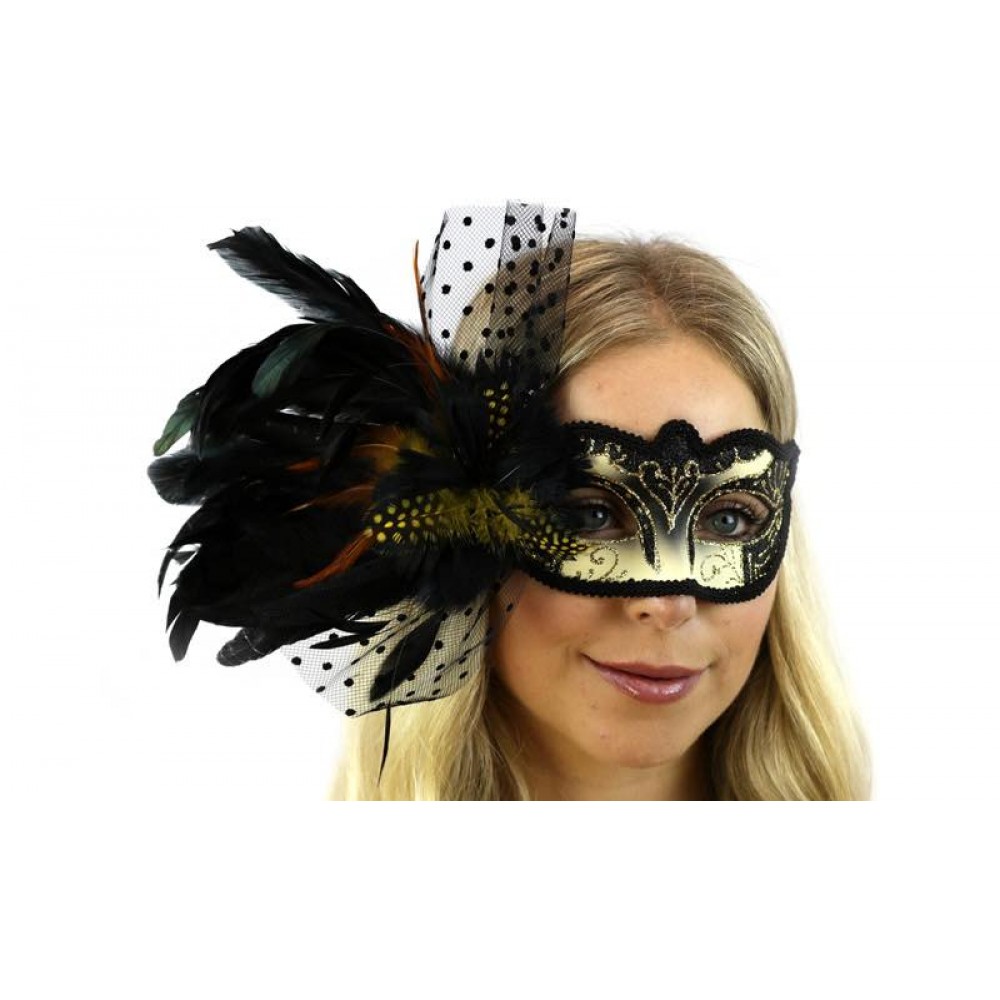 Black and Gold Venetian Mask with Side Feather