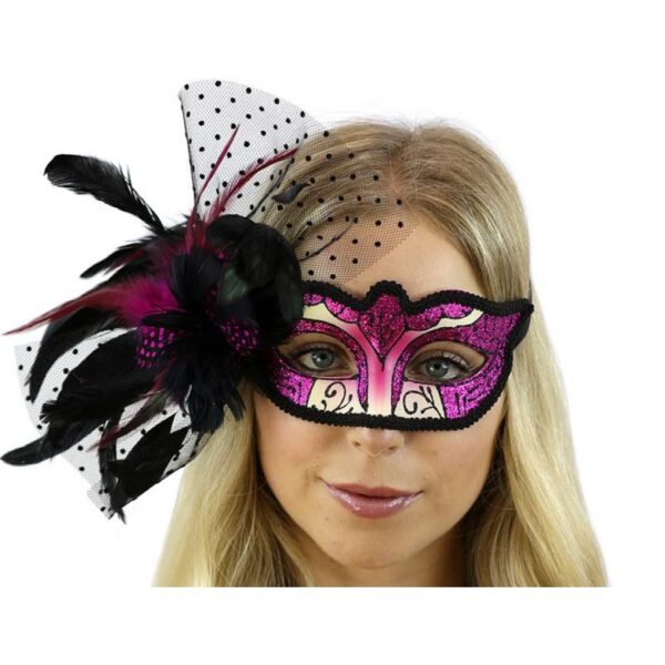 Pink and Black Venetian Mask with Side Feather