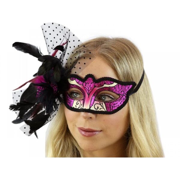 Pink and Black Venetian Mask with Side Feather