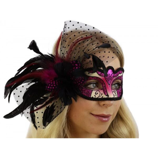 Pink and Black Venetian Mask with Side Feather