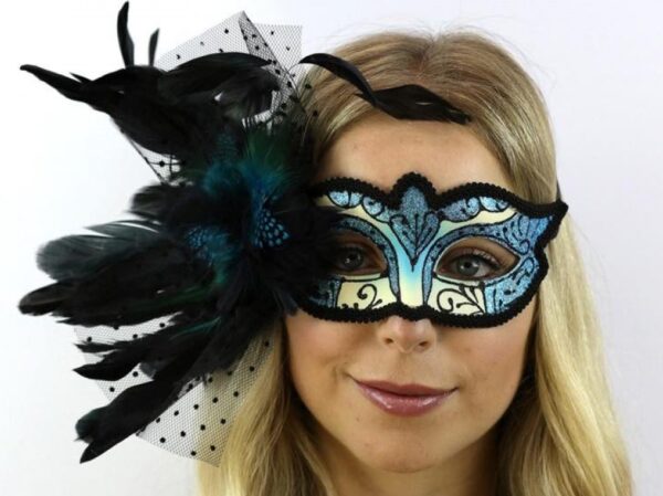 Blue and Black Venetian Mask with Side Feather