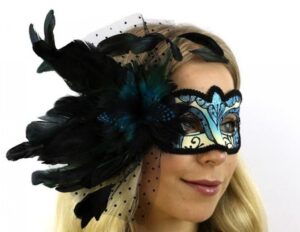 Blue and Black Venetian Mask with Side Feather