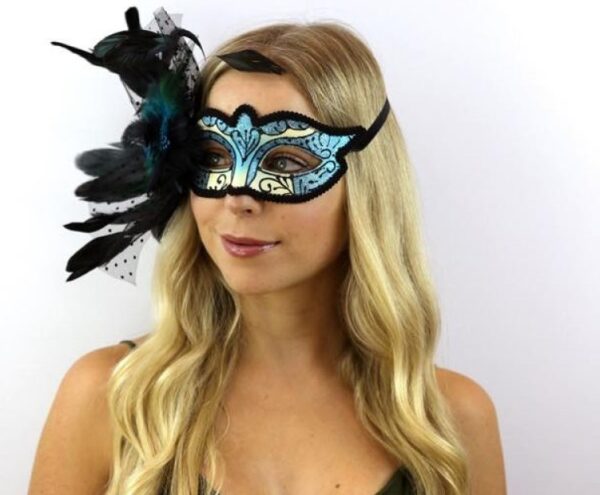 Blue and Black Venetian Mask with Side Feather