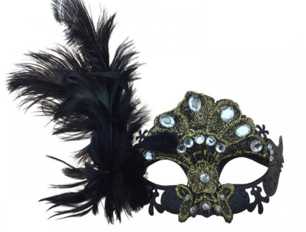 Black Lace with Feathers Masquerade Mask