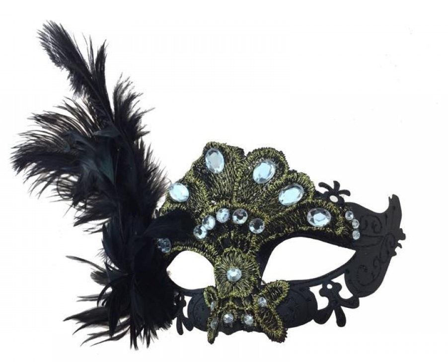 Black Lace with Feathers Masquerade Mask