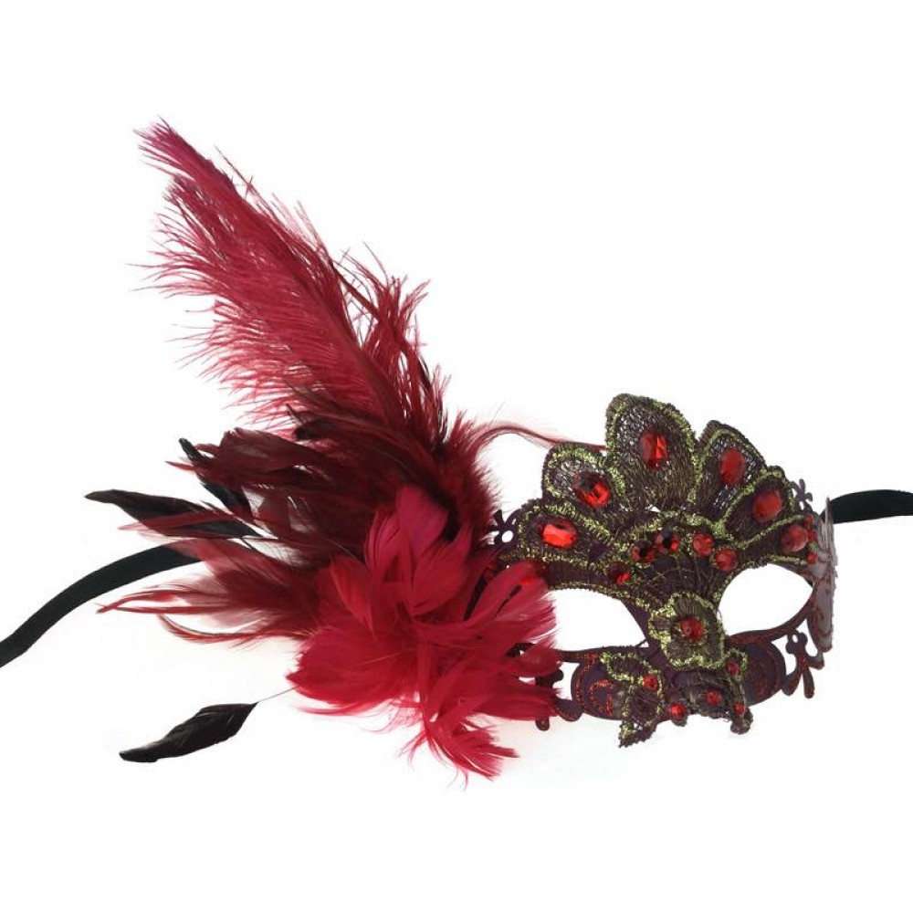 Burgundy Lace with Feathers Masquerade Mask