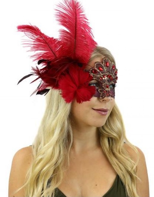 Burgundy Lace with Feathers Masquerade Mask