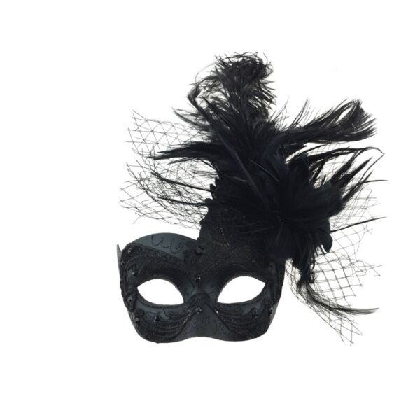 Black Lace Masquerade Mask with Feathers