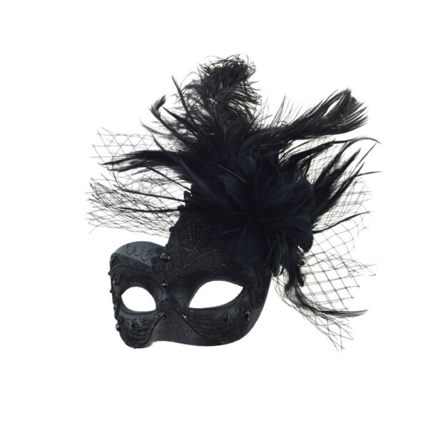 Black Lace Masquerade Mask with Feathers