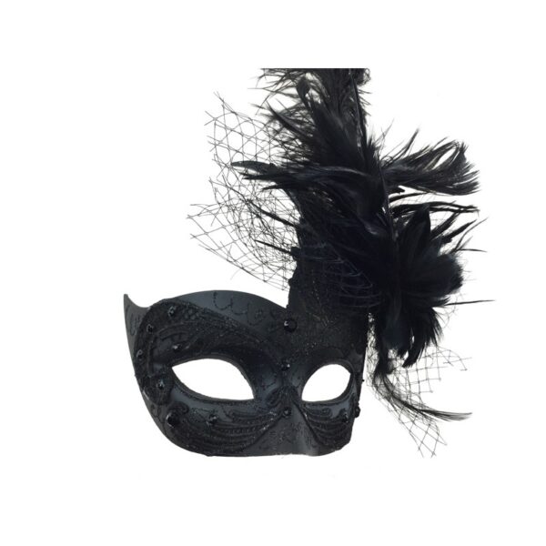 Black Lace Masquerade Mask with Feathers