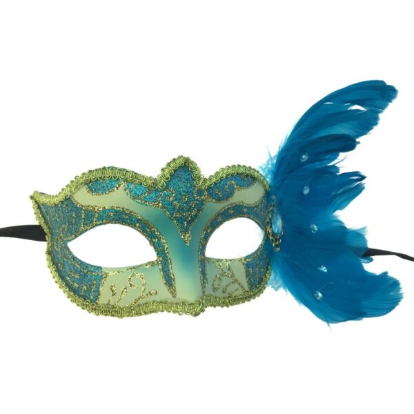 Blue & Gold Masquerade Mask with Side Feathers