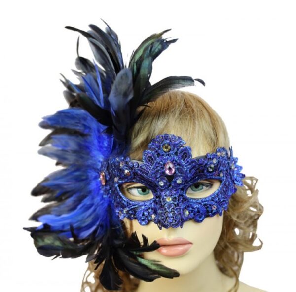 Blue Masquerade Mask with Lace and Side Feathers