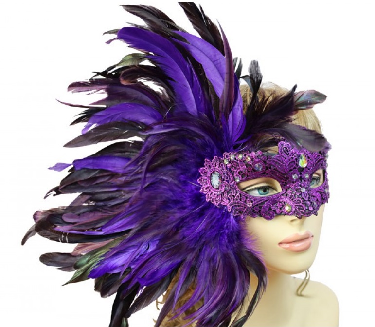 Purple Masquerade Mask with Lace and Side Feathers