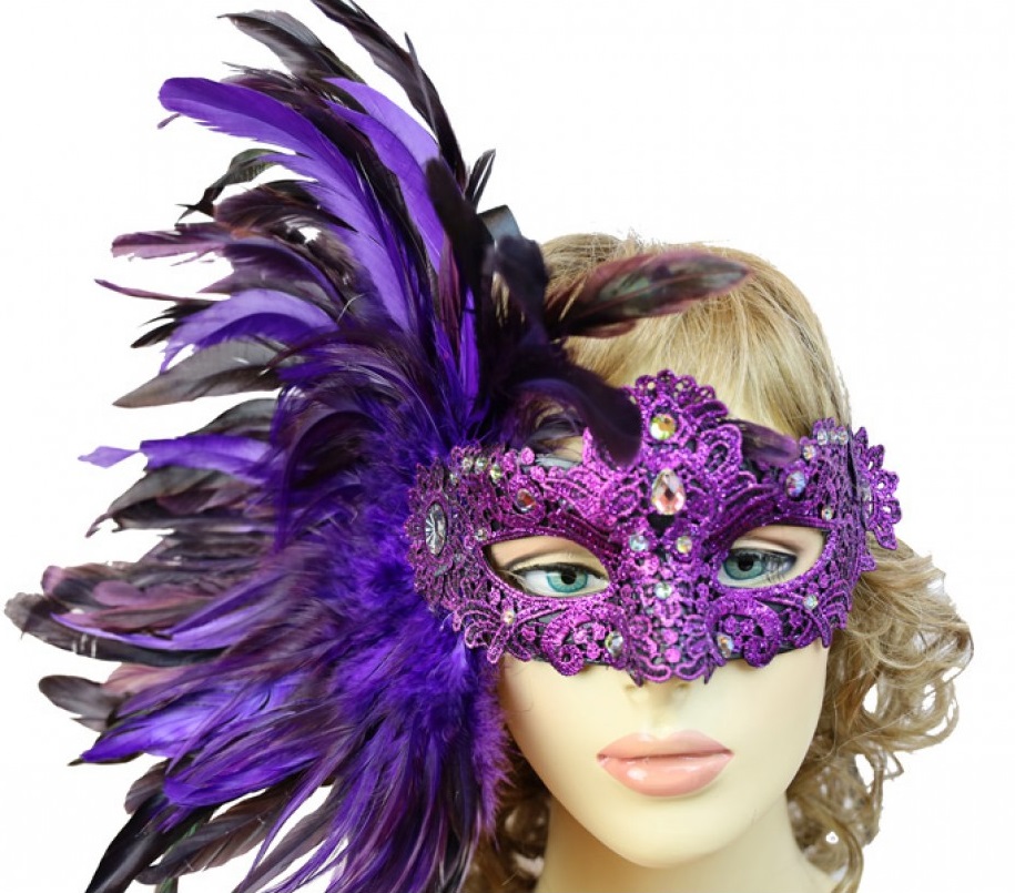 Purple Masquerade Mask with Lace and Side Feathers