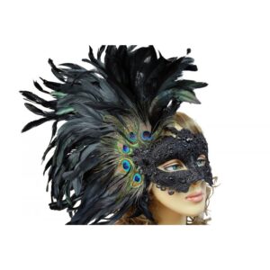 Black Masquerade Mask with Lace and Large Feathers