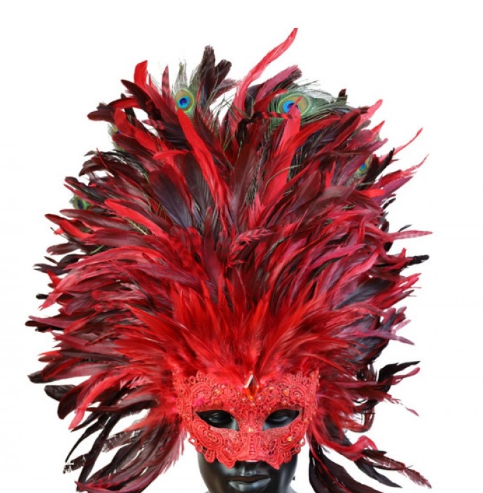 Red Masquerade Mask with Full Feathers