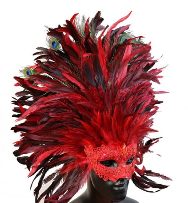 Red Masquerade Mask with Full Feathers