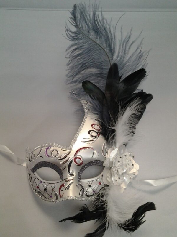 Silver Venetian Mask with Side Feathers