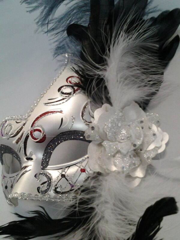 Silver Venetian Mask with Side Feathers