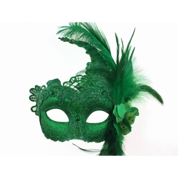 Green Masquerade Mask with Lace and Feathers