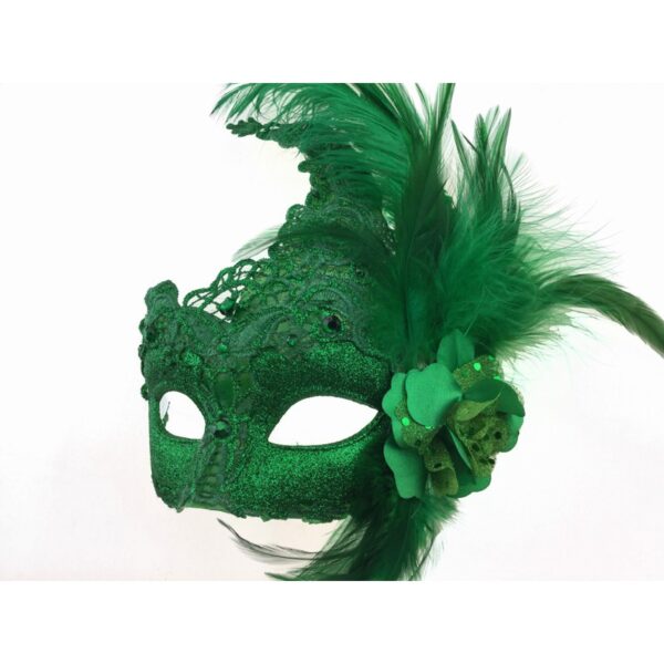 Green Masquerade Mask with Lace and Feathers