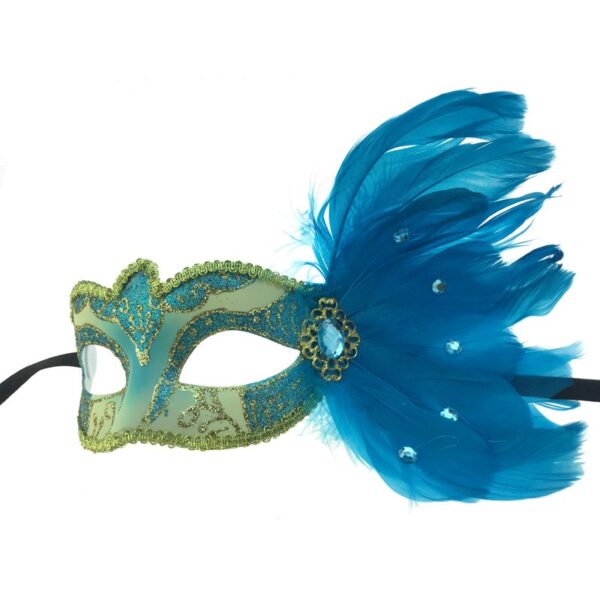 Blue & Gold Masquerade Mask with Side Feathers