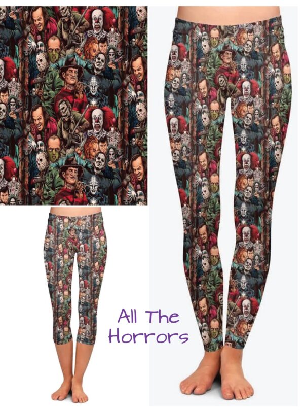 Two people wearing the all the Horrors Capri Leggings