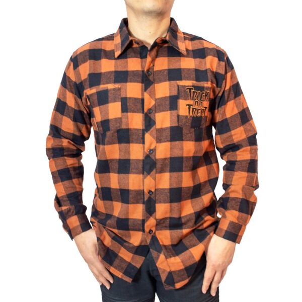 Trick Or Treat Pumpkin Orange Men's Flannel Shirt - Image 2