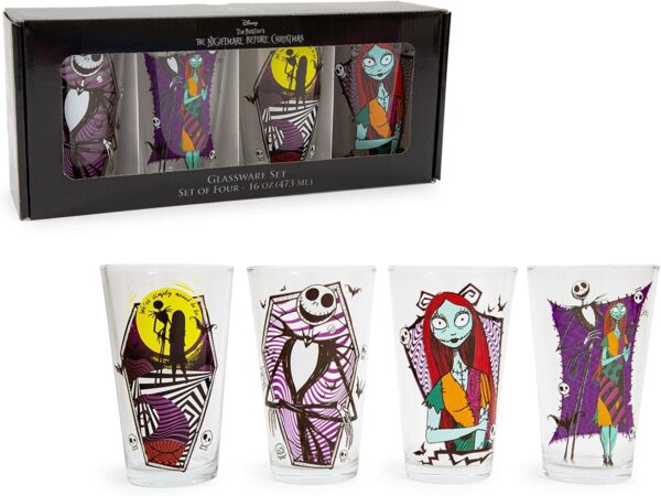 Disney The Nightmare Before Christmas Jack & Sally 16-Ounce Pint Glasses, Set of 4