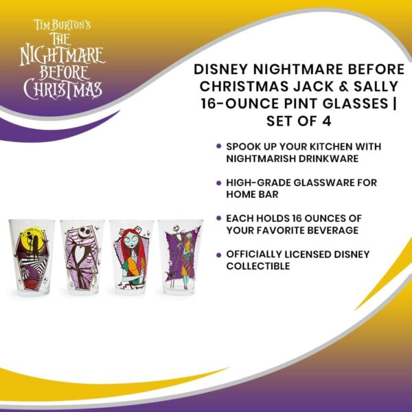 Disney The Nightmare Before Christmas Jack & Sally 16-Ounce Pint Glasses, Set of 4 - Image 3