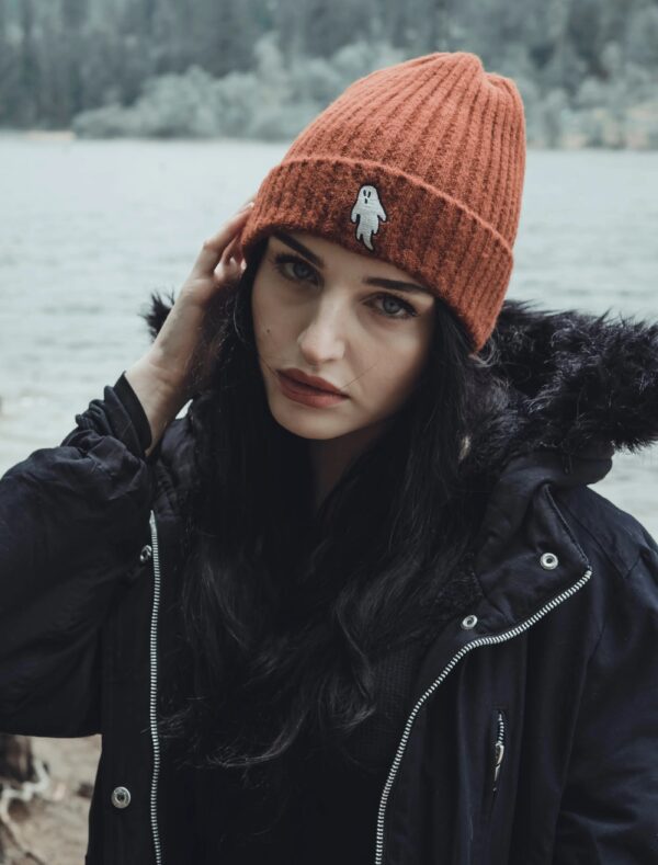 Ghostie Embroidered & Reversible Knit Beanie – Halloween Orange