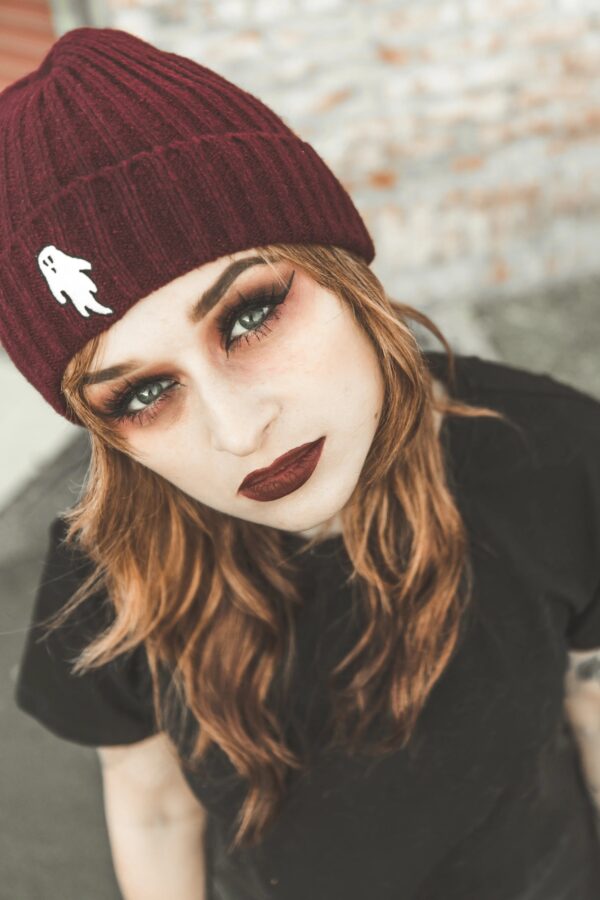 Ghostie Embroidered & Reversible Knit Beanie – Cinnamon Red - Image 2