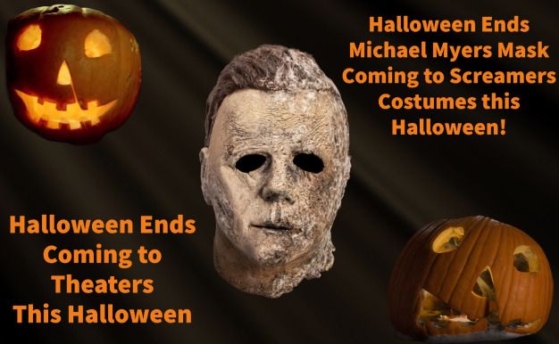 Halloween Ends Michael Myers Mask next to pumpkins.