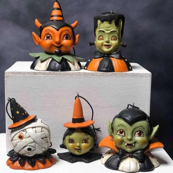 5 Johanna Parker Halloween Ornaments Dracula Witch Mummy Frankenstein Devil Set