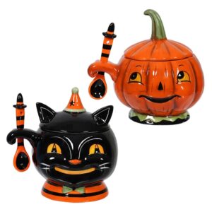 Spooky Halloween Pumpkin & Cat Bowls w/Spoons
