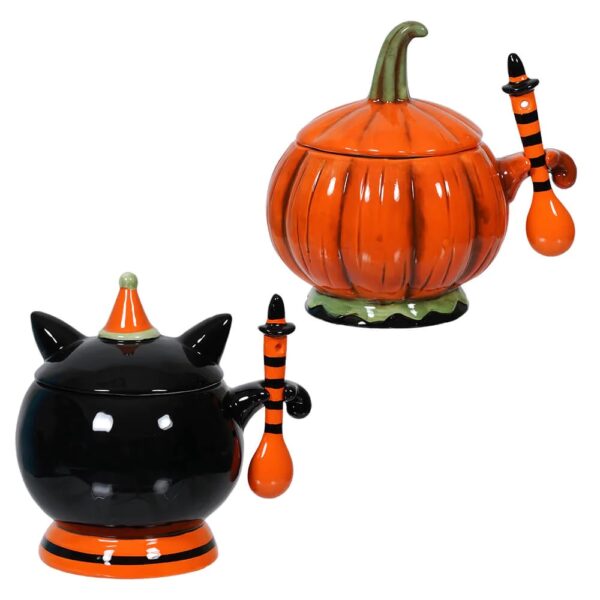 Spooky Halloween Pumpkin & Cat Bowls w/Spoons - Image 2