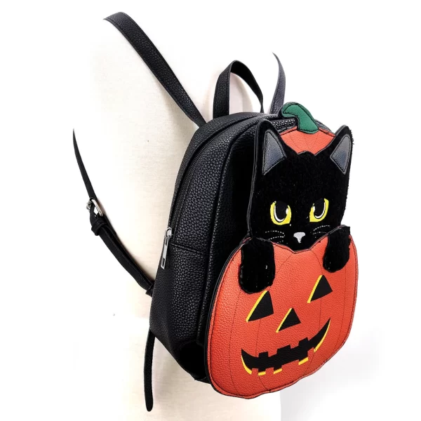 Furry Black Cat in Pumpkin Mini Backpack - Image 2