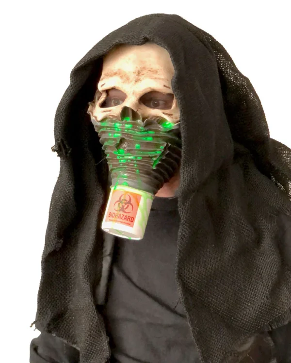 UV Reactive Survivor Bio Hazard Skull Latex Face Mask with Attached Rotting Hood - Image 2