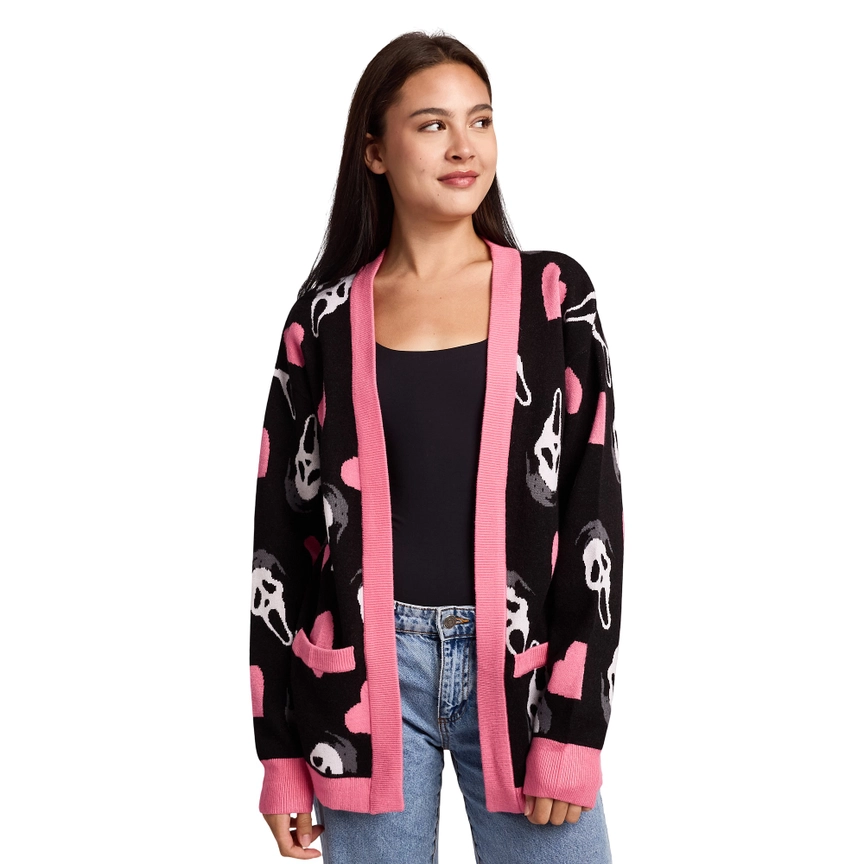 Ghostface Hearts All-Over Print Women's Black Long Sleeve Cardigan