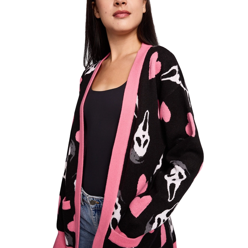 Ghostface Hearts All-Over Print Women's Black Long Sleeve Cardigan - Image 2