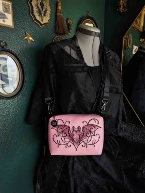 Light Pink Filigree Bat Embroidered Small Crossbody Bag