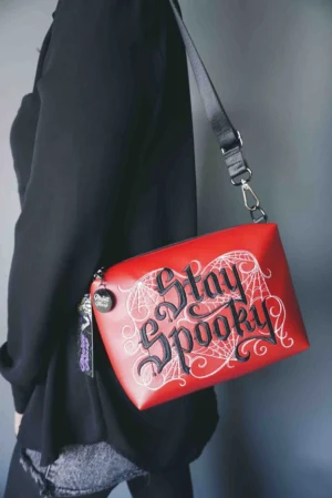 Stay Spooky Embroidered Small Crossbody Bag - Red with Black